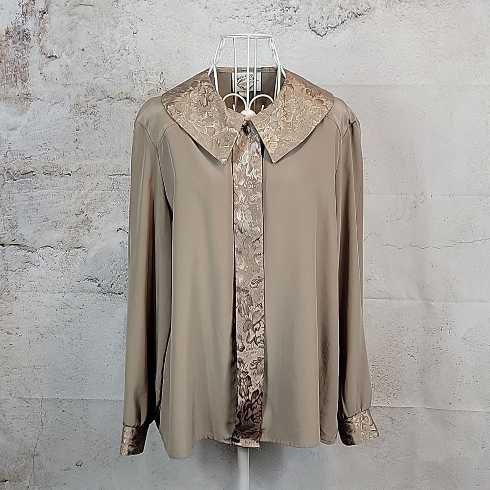 Fritz & Loyd Satin Button Down Blouse - Beige Vintage Womens Size M